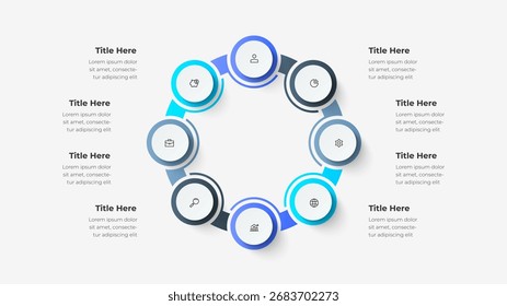 Circular diagram with eight segments surrounding a central hub, illustrating options in business strategy, financial planning, and data analytics through clean icons