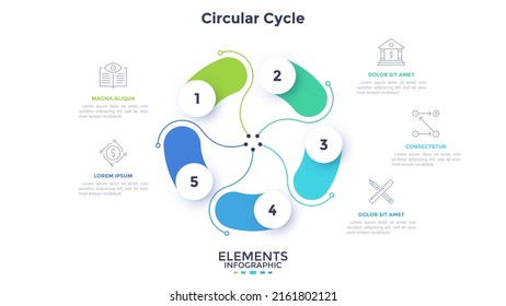 Circular diagram with five colorful elements. Concept of 5 steps of cyclic business process development. Simple flat infographic template. Modern vector illustration for information visualization.