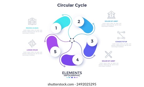 Circular diagram with five colorful elements. Concept of 5 steps of cyclic business process development. Simple flat infographic template. Modern vector illustration for information visualization.