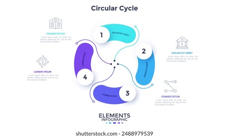 Diagrama circular con cuatro Elementos de colores. Concepto de 4 pasos de desarrollo cíclico de procesos de negocio. Simple Plantilla infográfica plana. Ilustración vectorial moderna para la visualización de la información.