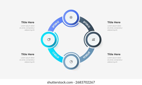 Circular diagram with four segments surrounding a central hub, illustrating options in business strategy, financial planning, and data analytics through clean icons