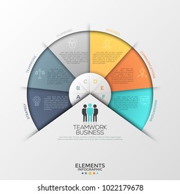 Circular diagram or pie chart divided into 6 colorful sectors with thin line icons, letters and place for text inside. Creative infographic design template. Vector illustration for presentation.