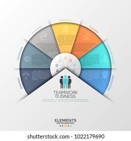 Circular diagram or pie chart divided into 7 colorful sectors with thin line icons, letters and place for text inside. Creative infographic design template. Vector illustration for presentation.