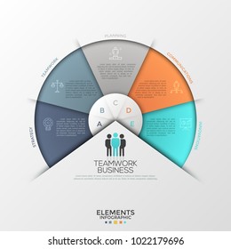 Circular diagram or pie chart divided into 5 colorful sectors with thin line icons, letters and place for text inside. Creative infographic design template. Vector illustration for presentation.