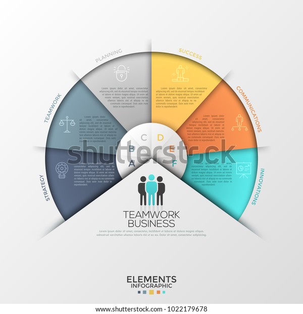 Circular diagram or pie chart divided into\
6 colorful sectors with thin line icons, letters and place for text\
inside. Creative infographic design template. Vector illustration\
for presentation.