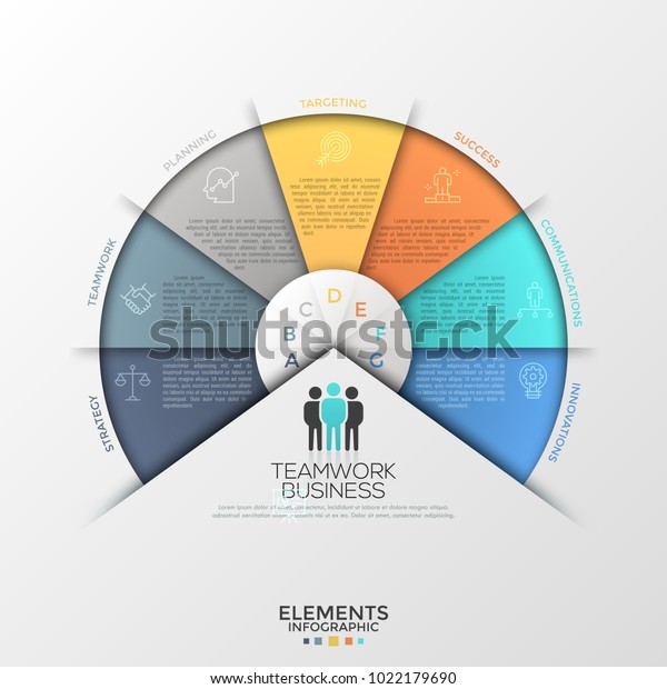 Circular diagram or pie chart divided into\
7 colorful sectors with thin line icons, letters and place for text\
inside. Creative infographic design template. Vector illustration\
for presentation.