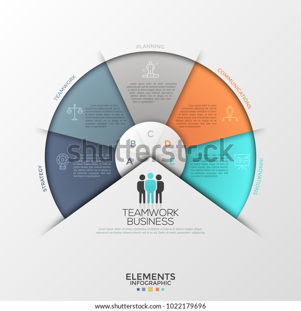 Circular diagram or pie chart divided into\
5 colorful sectors with thin line icons, letters and place for text\
inside. Creative infographic design template. Vector illustration\
for presentation.