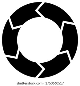 Circular diagram with rotation, six steps. Black on white background.