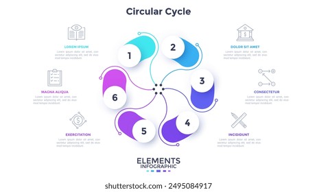 Circular diagram with six colorful elements. Concept of 6 steps of cyclic business process development. Simple flat infographic template. Modern vector illustration for information visualization.