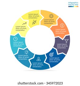 Circular diagram with small arrows. Chart, graph, diagram with 9 steps, options, parts, processes. Vector business template for presentation.