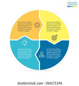 Circular diagram with small arrows inside. Pie chart, graph, diagram with 4 steps, options, parts, processes. Vector circle template in blue and yellow.