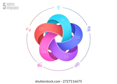 Plantilla de diagrama circular con 5 opciones, Ilustración vectorial de infografía. Control de muestras de color