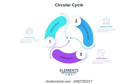 Kreisdiagramm mit drei bunten Elementen. Konzept von 3 Schritten der zyklischen Geschäftsprozessentwicklung. Einfache flache Infografik-Vorlage. Moderne Vektorillustration zur Visualisierung von Informationen.