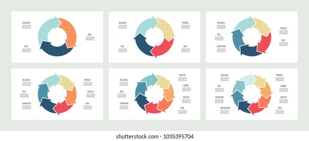 Circular diagrams. Pie charts with 3, 4, 5, 6, 7, 8 options, arrows. Vector templates for business infographics and presentations.