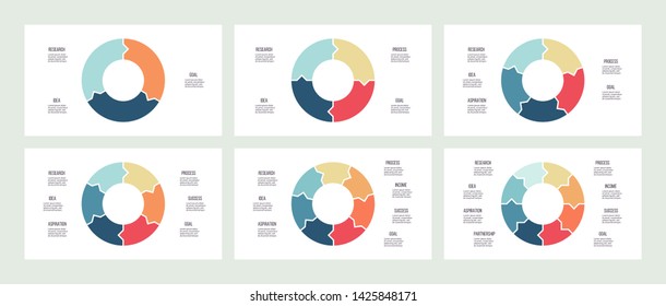 Circular diagrams. Pie charts with 3, 4, 5, 6, 7, 8 options, arrows. Vector templates for business infographics and presentations.