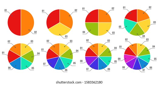 Circular diagrams. Segmented and multicolored pie charts, financial process planning with parts or steps, infographic graph vector charting progress elements