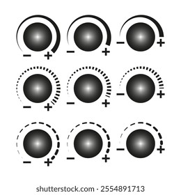 Circular dial symbols. Volume control icons. Minimalist vector elements. Adjustment graphic design.