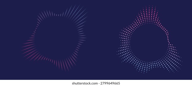 Circular Digital Audio Waveform Equalizer Elements. A minimalist vector graphic featuring two circular, dotted audio waveforms and radial equalizers against a dark purple background. Designed with a vibrant neon pink, purple, and blue gradient, these digital elements represent voice assistant technology, sound frequency visualization, music amplitudes, and smart tech speech recognition interfaces.