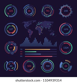 Circular Digital Hud Visualisation Data Elements. Sci Fi Interfaces With Infographics Charts. Vector Futuristic Statistics Panel. Dashboard Control With Data Visual Circle Illustration