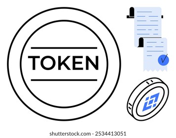 Token digital circular rotulado token ao lado de documentos oficiais com marca de escala azul. Ideal para criptomoedas, transações financeiras, ativos digitais, tecnologia blockchain e economia virtual