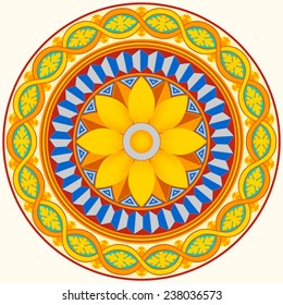 Circular dish decoration in Morocco abstract style, used in traditional Sicilian ceramic. This design is typically used for ornamental wall ceramic (majolica) plates 