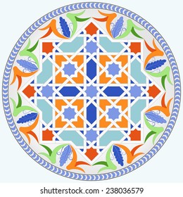 Circular dish decoration in Morocco abstract style, used in traditional Sicilian ceramic. This design is typically used for ornamental wall ceramic (majolica) plates