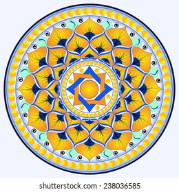 Circular dish decoration in Morocco abstract style (Persian small palms), used in traditional Sicilian ceramic. This design is typically used for ornamental wall ceramic (majolica) plates.