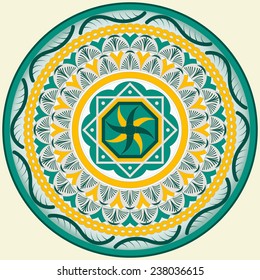 Circular dish decoration in Morocco abstract style, used in traditional Sicilian ceramic. This design is typically used for ornamental wall ceramic (majolica) plates