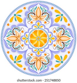 Circular dish decoration in Morocco abstract style, used in traditional Sicilian ceramic. This design is typically used for ornamental wall ceramic (majolica) plates.