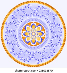 Circular dish decoration in Sicilian abstract style, used in traditional ceramic. This design is typically used for ornamental wall ceramic plates