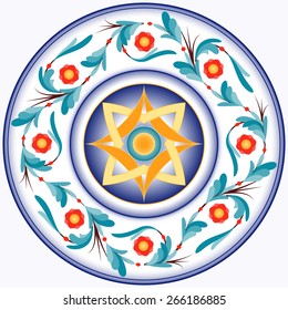 Circular dish decoration in Sicilian abstract style, used in traditional ceramic.
This design is typically used for ornamental wall ceramic plates.