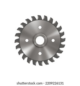 Circular disk equipment and sharp saw blade. Round iron tool, industrial circle device for wood cutting isolated on white background. 3d vector illustration