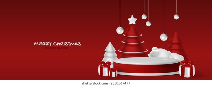 Circular display podium with festive winter Christmas scene of stylized red and white fir xmas trees, hanging silver balls, wrapped presents scattered around stage base for seasonal promotions.