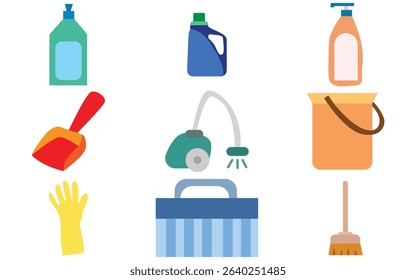 Circular Doodle Composition of Colorful Cleaning Equipment – Fun Cartoon Housekeeping Set