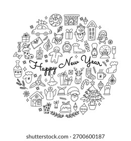 Circular doodle Happy New Year composition with festive elements
