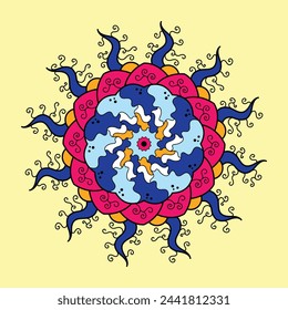 Circular doodle pattern mandala decoration. Decorative colorful tribal ornament in ethnic oriental style. Colorful abstract flower or sun, with bright colors.
