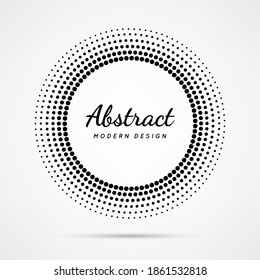 Circular dot frame. Circle border with effect halftone. Modern faded ring. Semitone shape round. Point sphere boarder. Dotted geometric pattern. Graphic small dots element for design prints. Vector