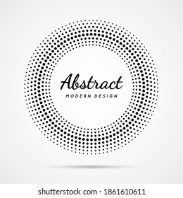 Circular dot frame. Circle border with effect halftone. Modern faded ring. Semitone shape round. Point sphere boarder. Dotted geometric pattern. Graphic small dots element for design prints. Vector