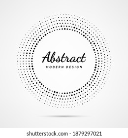 Circular dot frame. Circle border with effect halftone. Modern faded ring. Semitone shape round. Point sphere boarder. Dotted geometric pattern. Graphic small dots element for design prints. Vector