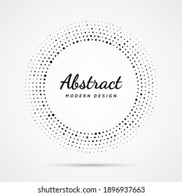 Circular dot frame. Circle border with effect halftone. Modern faded ring. Semitone shape round. Point sphere boarder. Dotted geometric pattern. Graphic small dots element for design prints. Vector