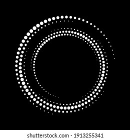 Circular dot frame. Circle border logo. Effect halftone. Modern faded ring icon. Semitone shape round. Point sphere boarder. Dotted geometric pattern. Graphic small dots element. Design prints. Vector