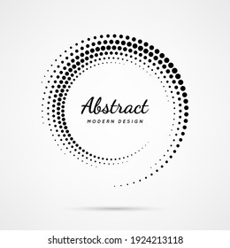 Circular dot frame. Circle border with effect halftone. Modern faded ring. Semitone shape round. Point sphere boarder. Dotted geometric pattern. Graphic small dots element for design prints. Vector