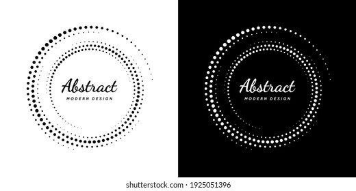 Circular dot frame. Circle border with effect halftone. Modern faded ring. Semitone shape round. Point sphere boarder. Dotted geometric pattern. Graphic small dots element for design prints. Vector