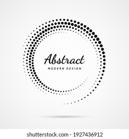 Circular dot frame. Circle border with effect halftone. Modern faded ring. Semitone shape round. Point sphere boarder. Dotted geometric pattern. Graphic small dots element for design prints. Vector