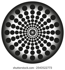 Circular dot pattern. Gradual radial design. Black and white symmetry. Abstract vector shape.