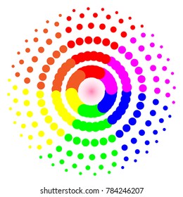 A circular dot pattern in the LGBT rainbow colours on a white background