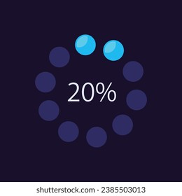 Circular dot progress infographic chart design template for dark theme. Twenty percentage. Editable radial infochart with indicator. Visual data presentation. Myriad Pro-Bold, Regular fonts used