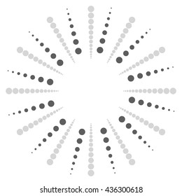 Circular dots motif. Circle vector. Dotted radial, radiating lines. Abstract black and white, monochrome design element, isolated shape