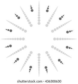 Circular dots motif. Circle vector. Dotted radial, radiating lines. Abstract black and white, monochrome design element, isolated shape