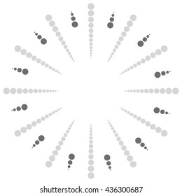 Circular dots motif. Circle vector. Dotted radial, radiating lines. Abstract black and white, monochrome design element, isolated shape